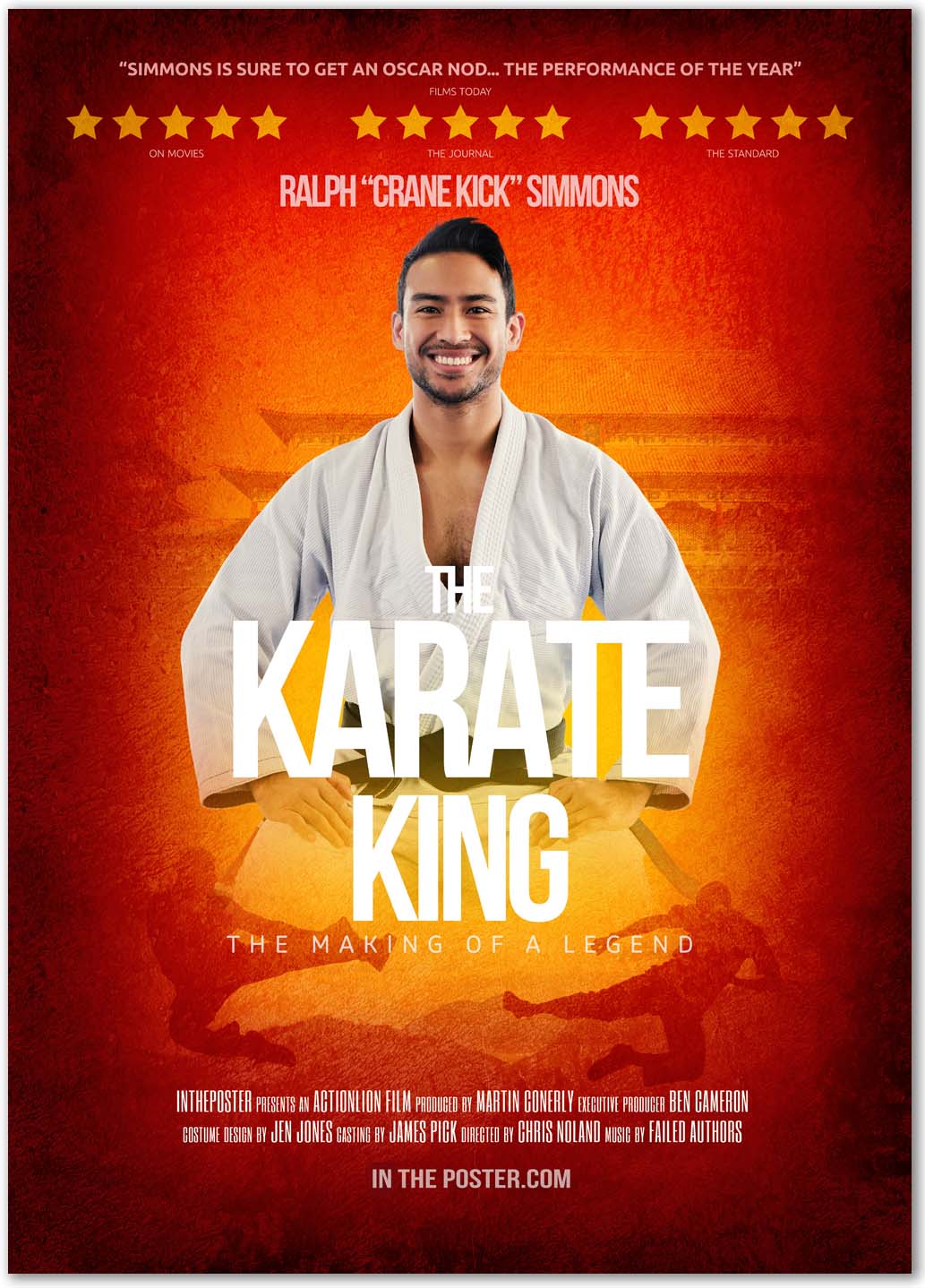 Movie poster titled 'The Karate King - The Making of a Legend' featuring a smiling man in a white karate gi, accolades at the top, actor's name Ralph 'Crane Kick' Simmons, and a gradient orange background with a silhouette of a karate kick; production credits and website listed at the bottom.