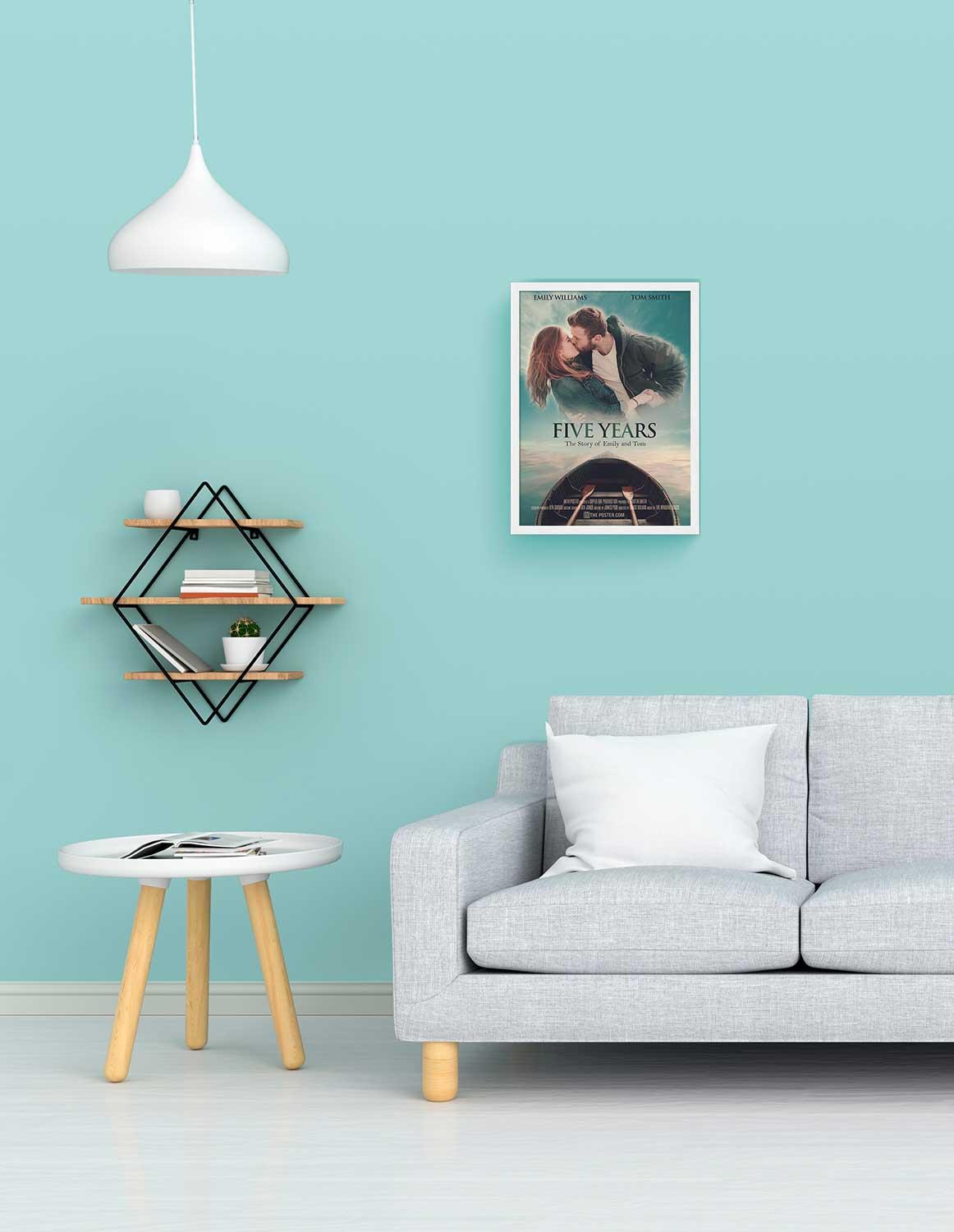 Five Years personalized movie poster, small size, with a white frame on a wall