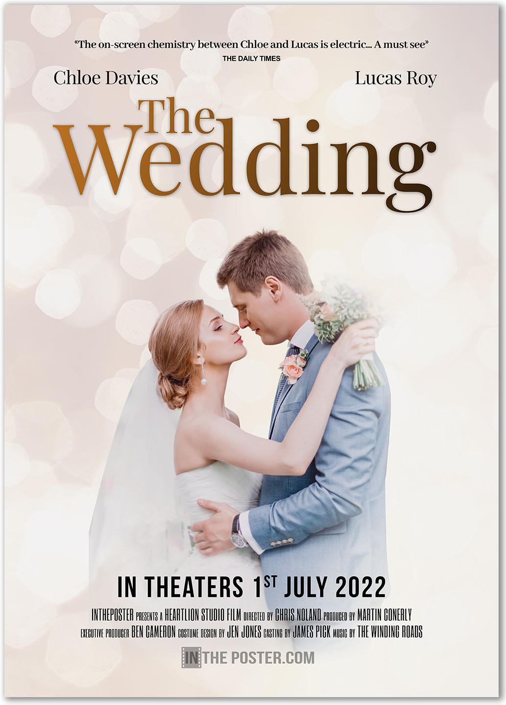 The Wedding movie poster for use at movie themed weddings with soft white lights and a woman in a wedding dress holding flowers embraces a man in a blue suit