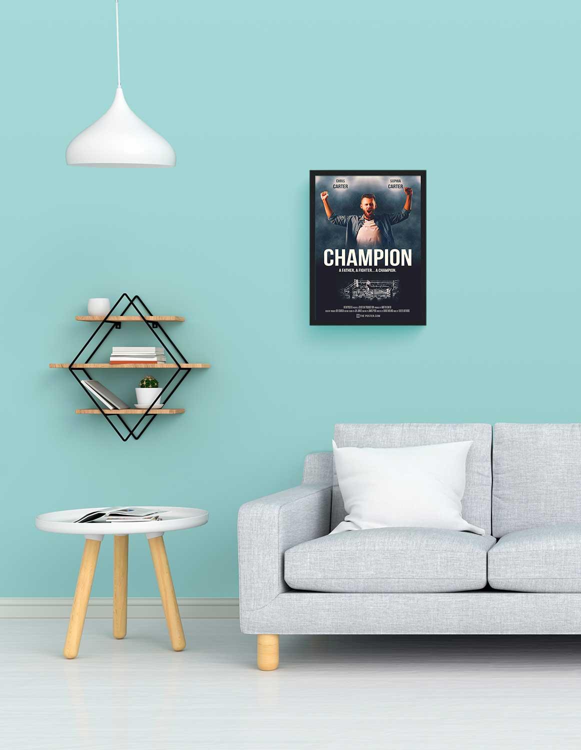 The Boxer personalized movie poster, small size, with a black frame on a wall above a sofa