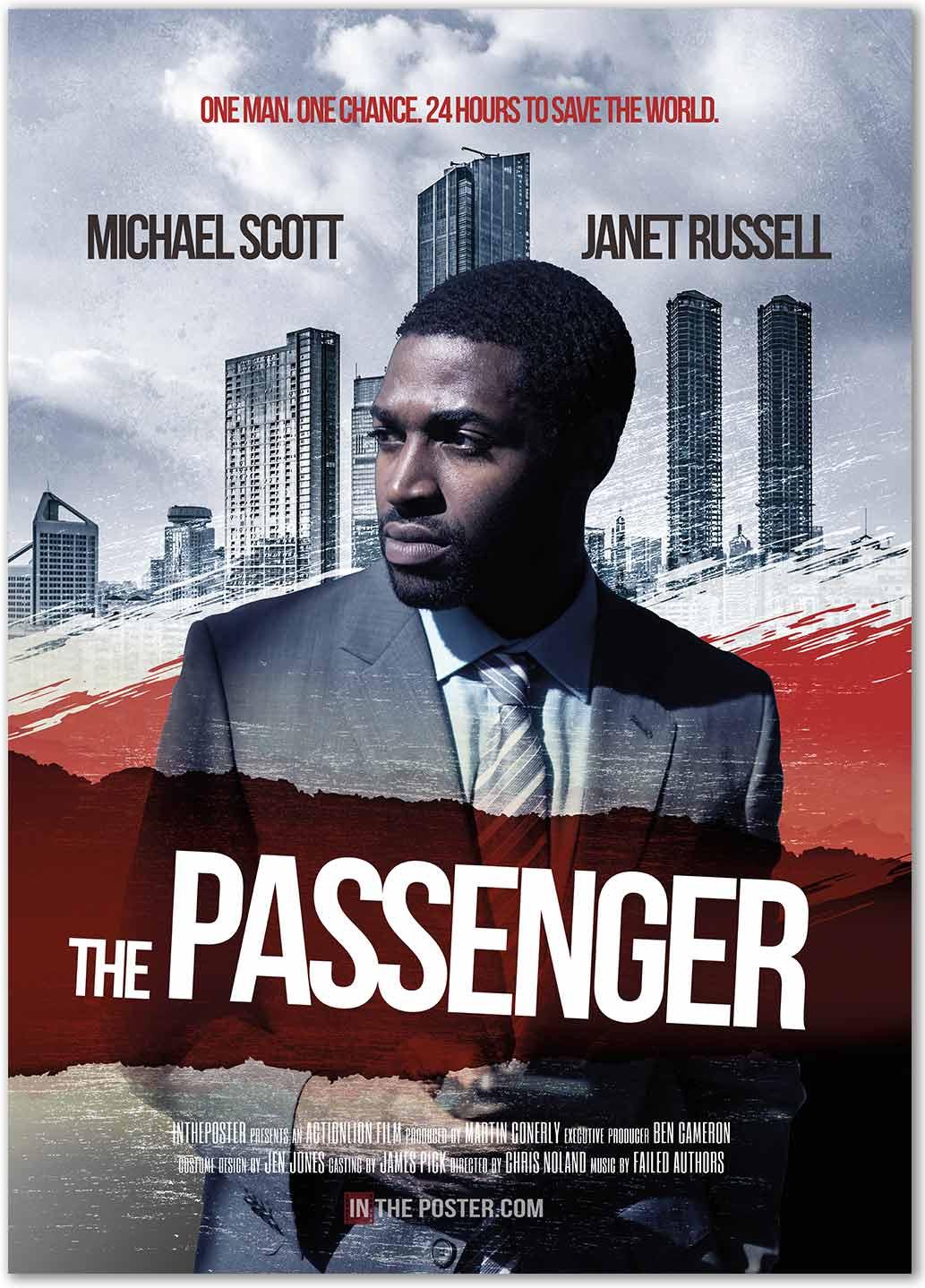 A man in a suit holding a mobile phone in the city in a thriller movie poster