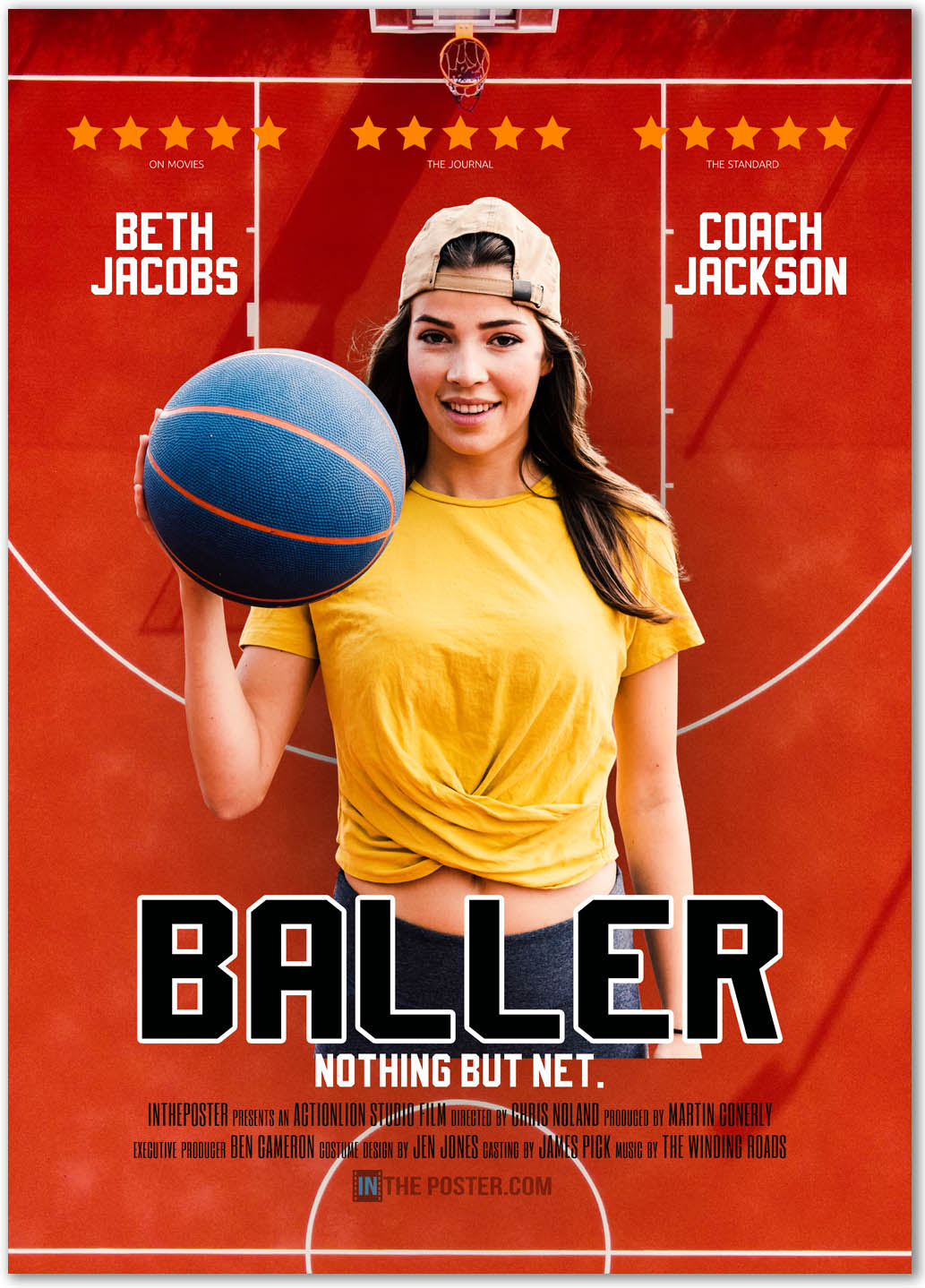 Custom basketball movie poster featuring a woman in a yellow t-shirt dribbling a blue and orange basketball. The background is a basketball court.