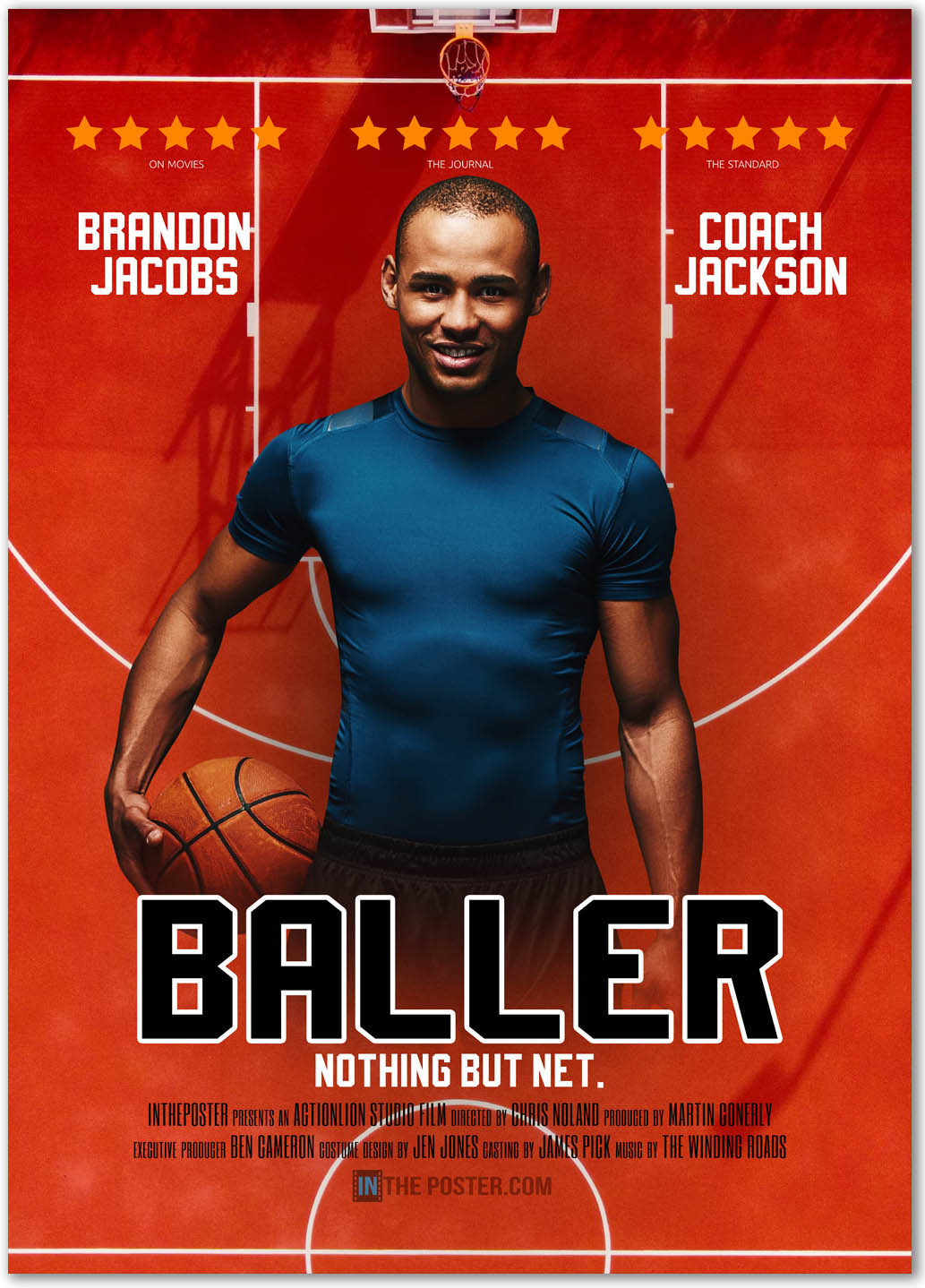 Basketball Movie Poster with smiling man holding basketball in blue shirt