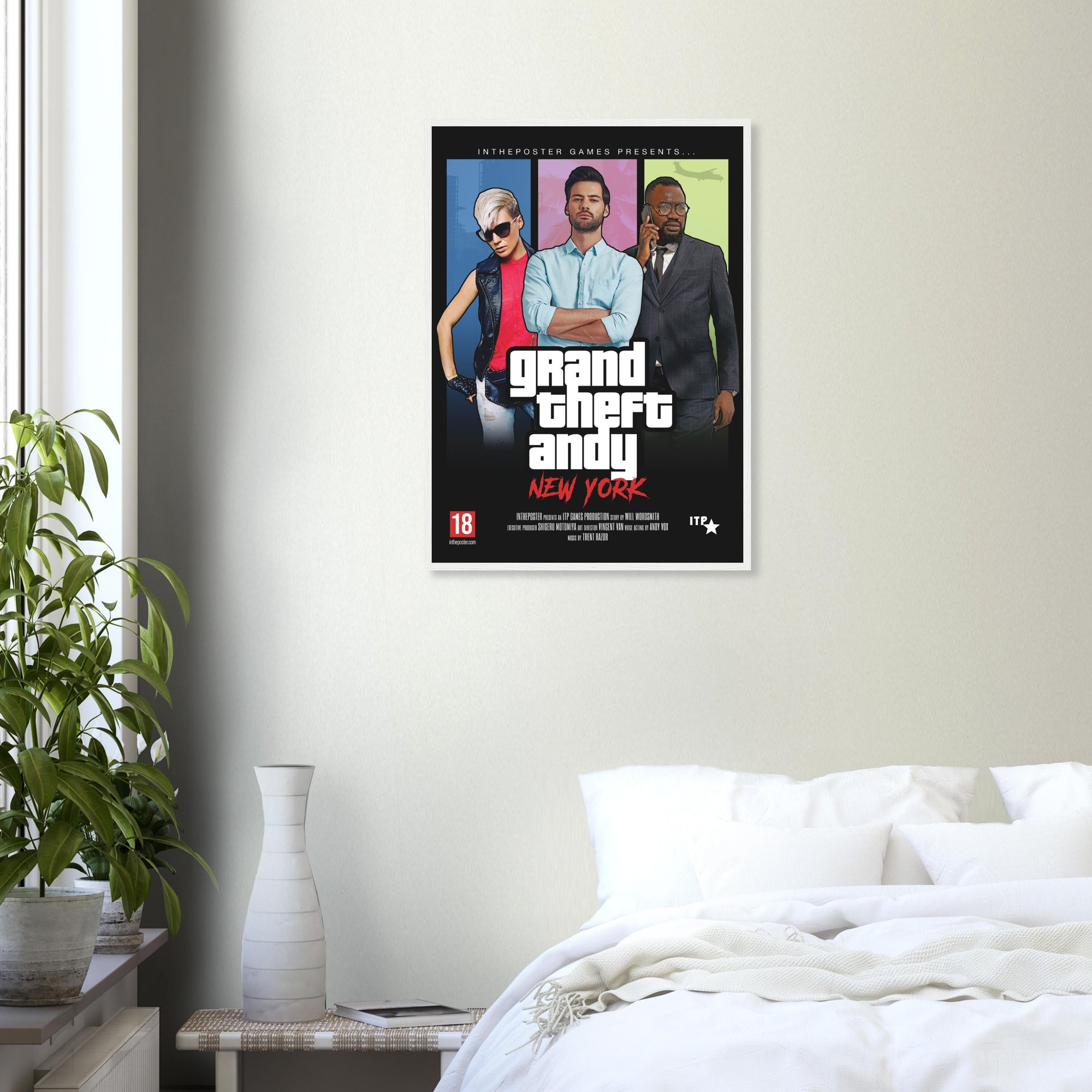 Custom GTA Grand Theft Video Game Poster with a White Regular Sized Frame on a beige wall above a white bed, with three characters.