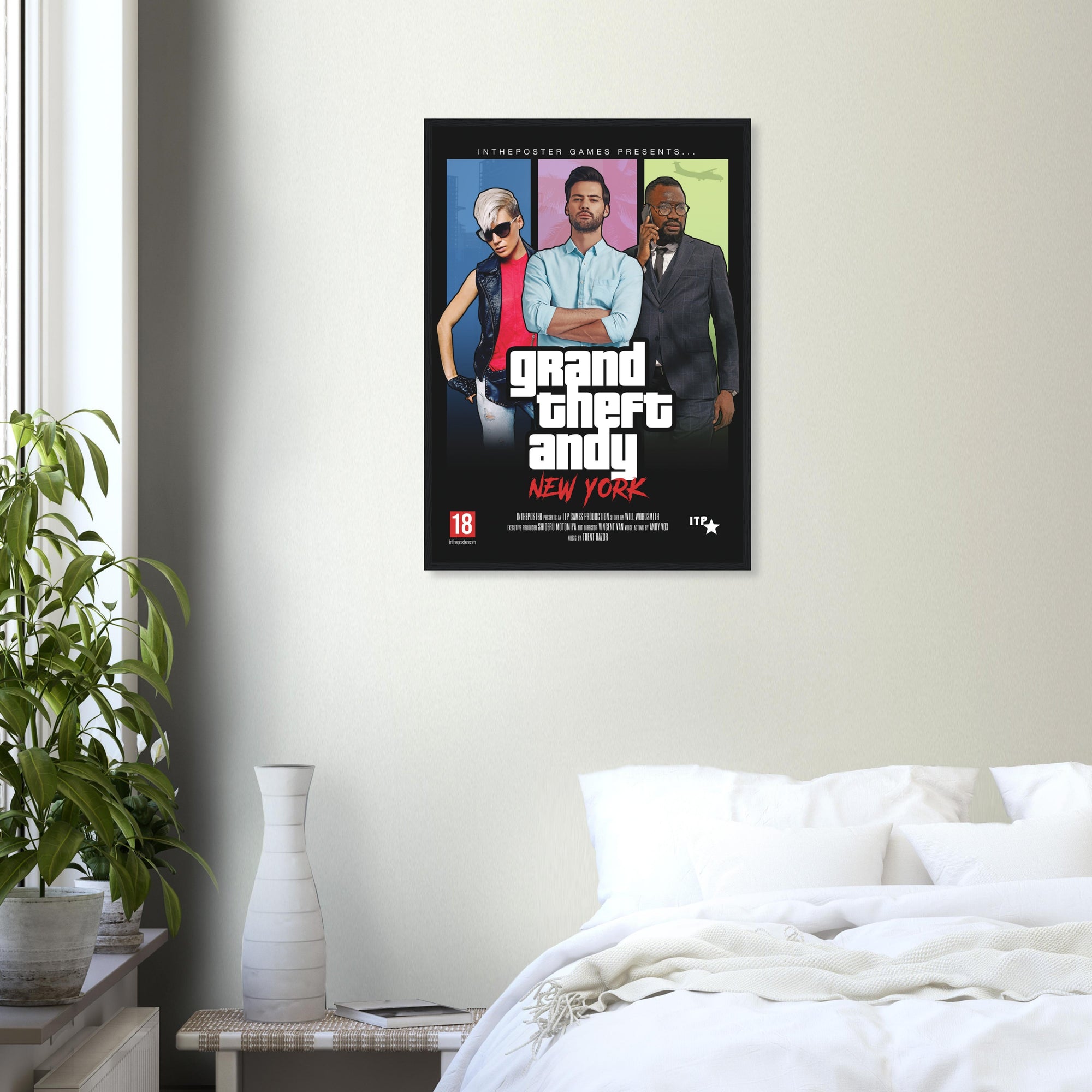 Custom GTA Grand Theft Video Game Poster with Black Frame on a beige wall above a white bed, with three characters.