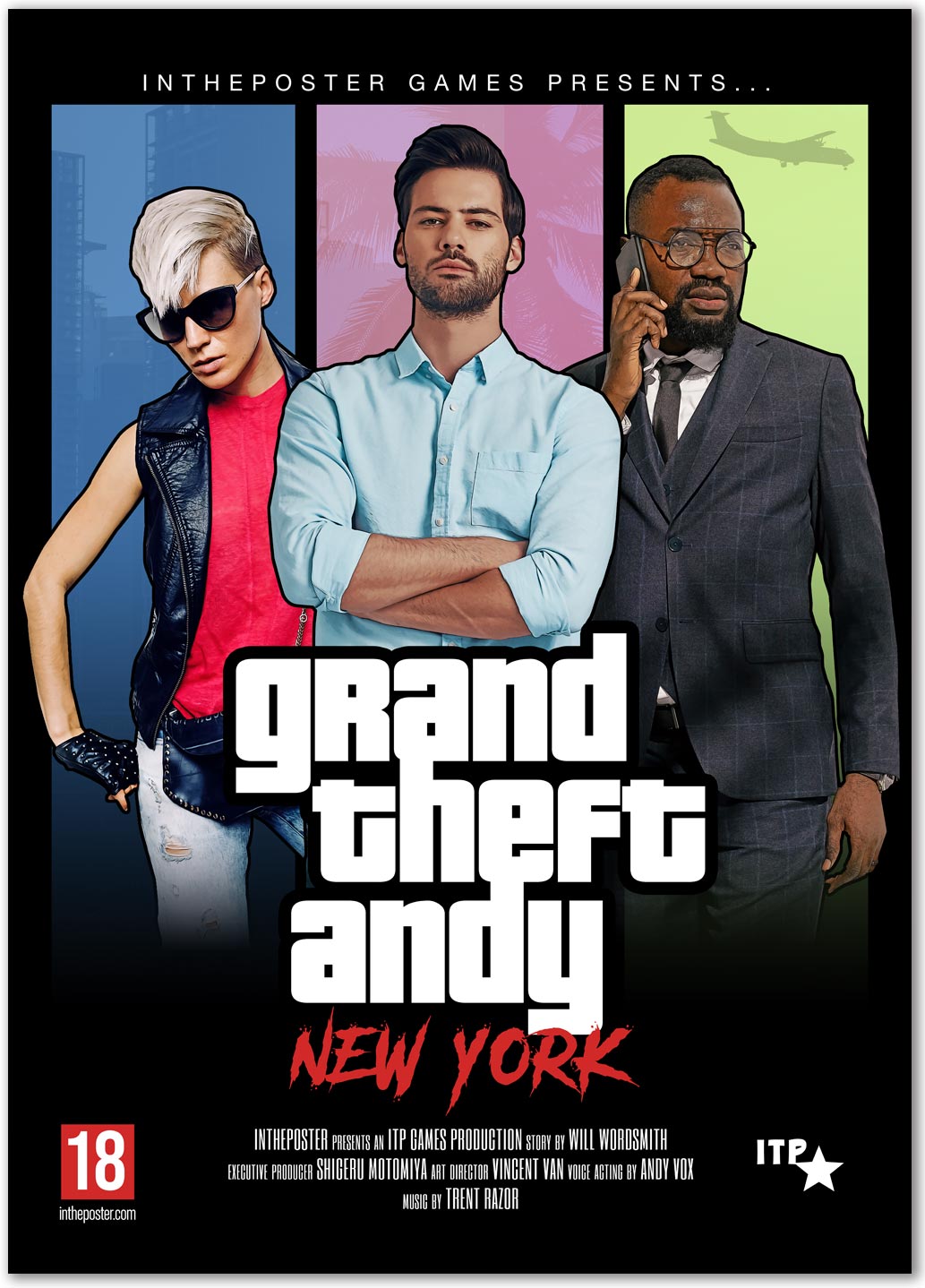 A custom video game poster inspired by the game box art of the GTA series, featuring a lady in a leather jacket and shades, a man in a blue shirt and another man with glasses and a phone.