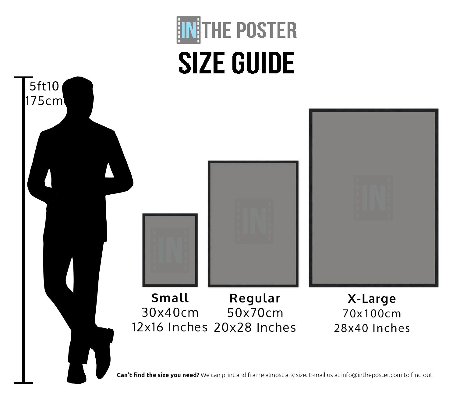 A movie poster size guide, showing the small regular and x-large sizes