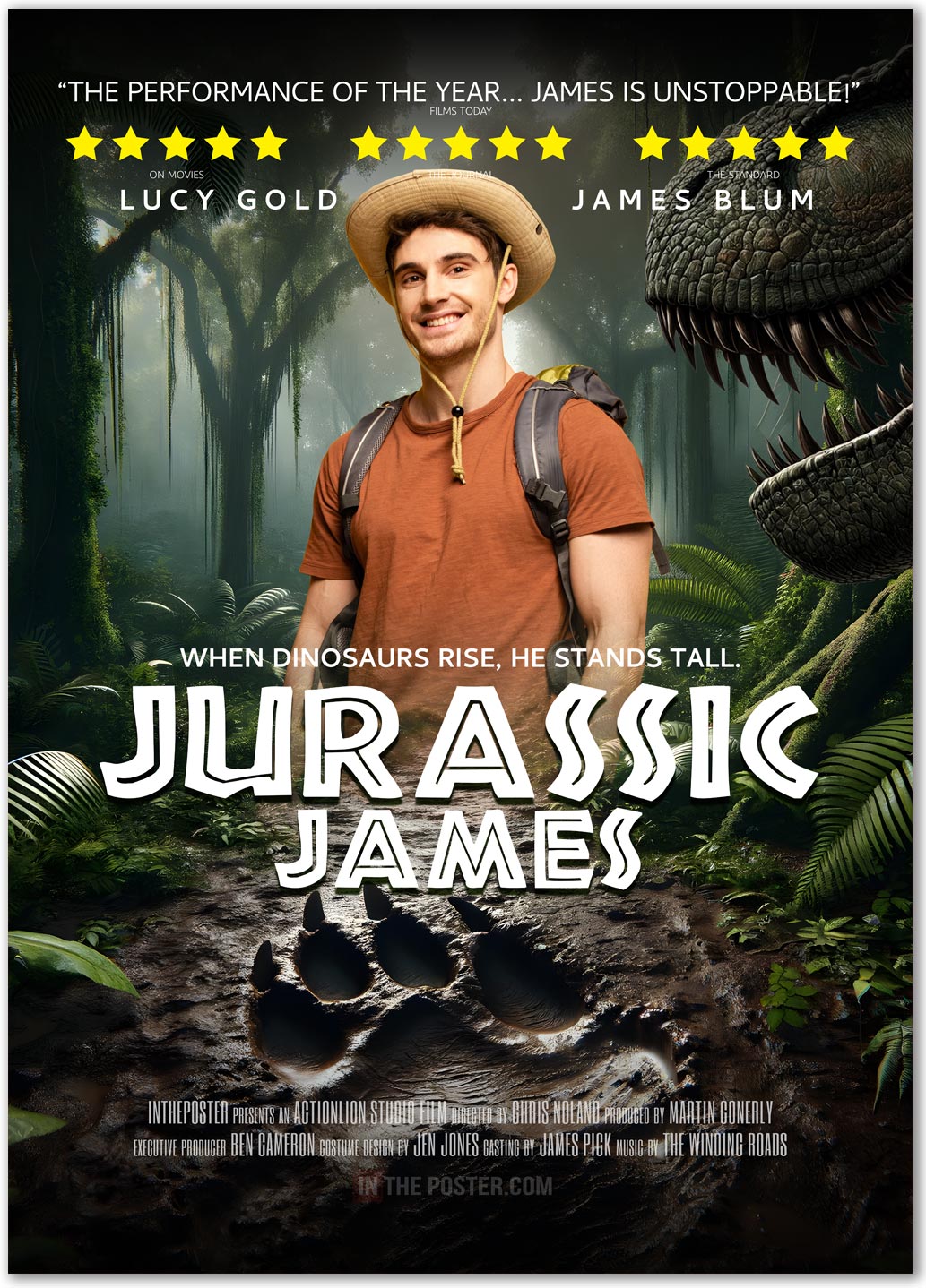 A man in an orange t-shirt and hat stands in a jungle with a t-rex leaning over to him. A dinosaur footprint is in the mud. The images make up a movie poster called Jurassic James.