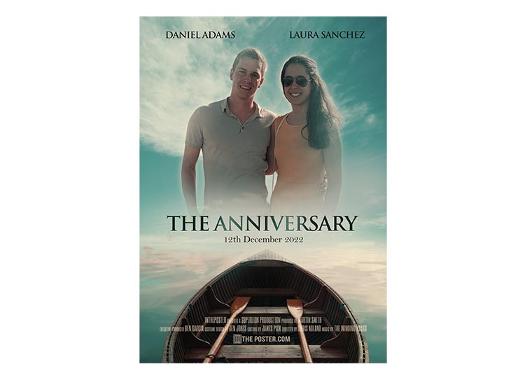 An anniversary movie poster with a couple floating in the sky above an empty boat on green water