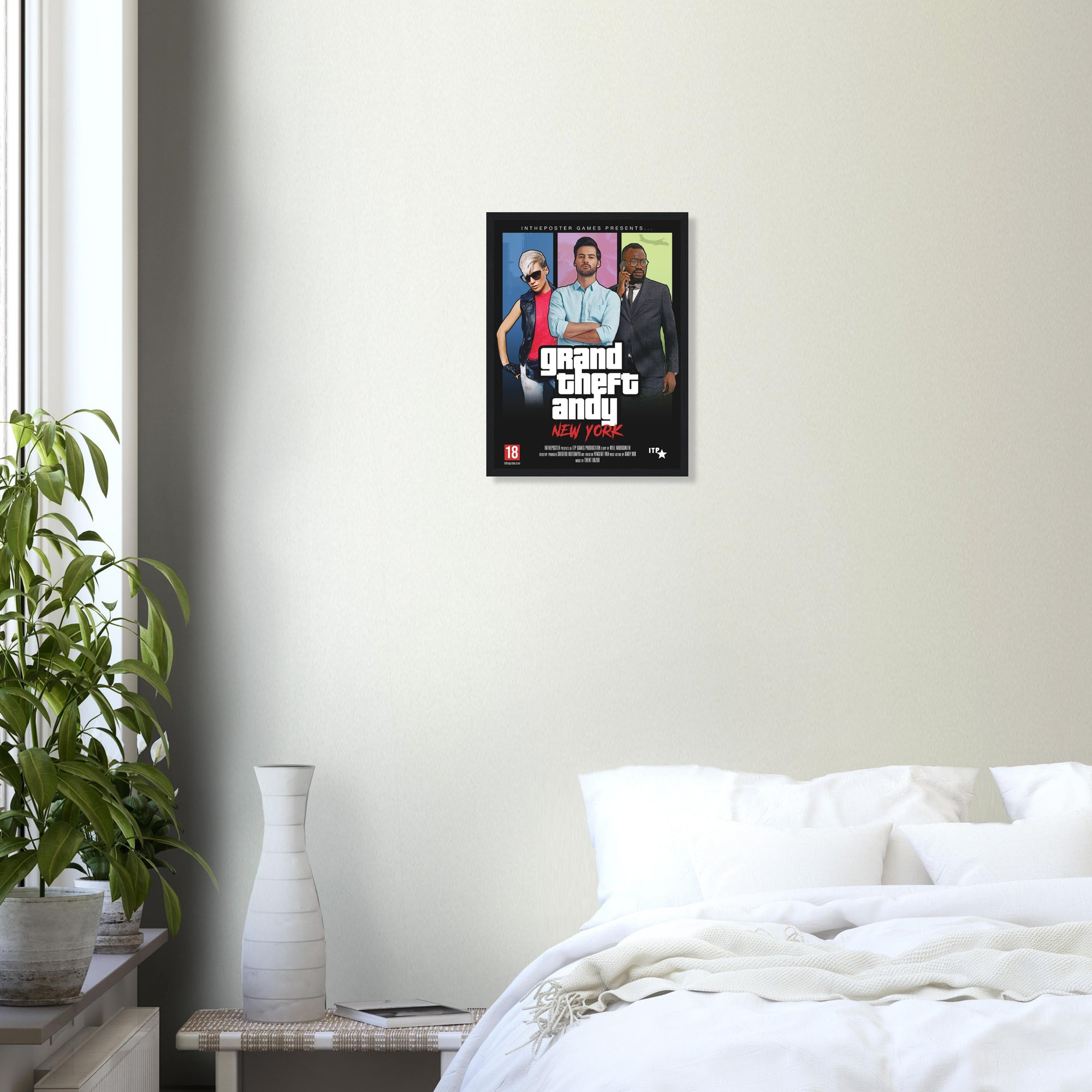 Custom GTA Grand Theft Video Game Poster with a small Black Frame on a beige wall above a white bed, with three characters.