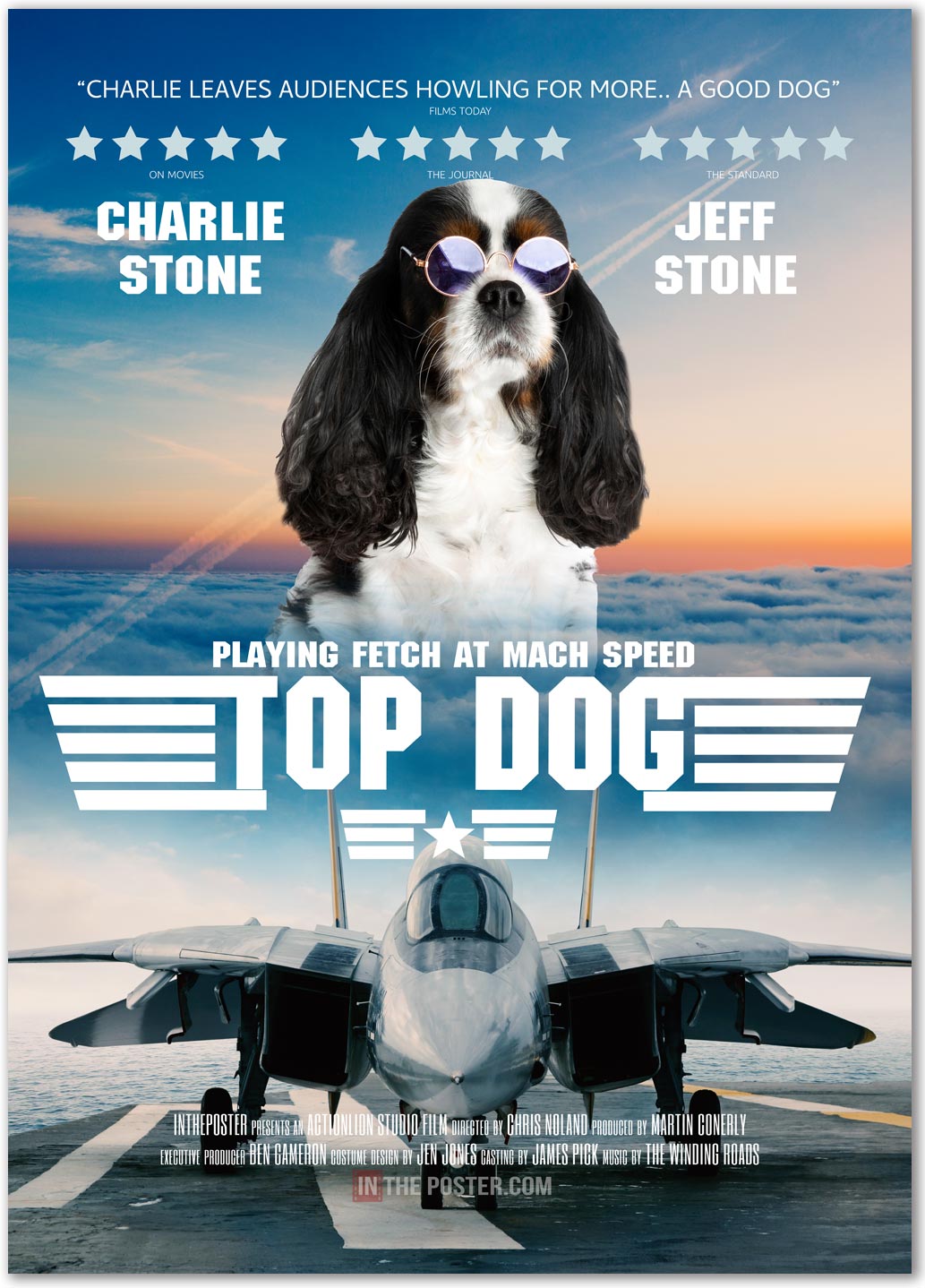 A dog wears sunglasses in this custom dog film movie poster called top dog, with a fighter jet below, against a blue sky at sunrise.