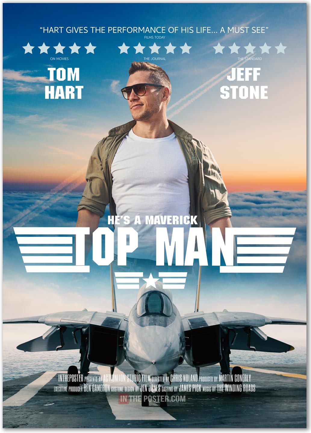 Custom film poster with a  fighter jet on a runway at the bottom and a man in a green shirt and aviators against a sky blue background at the top