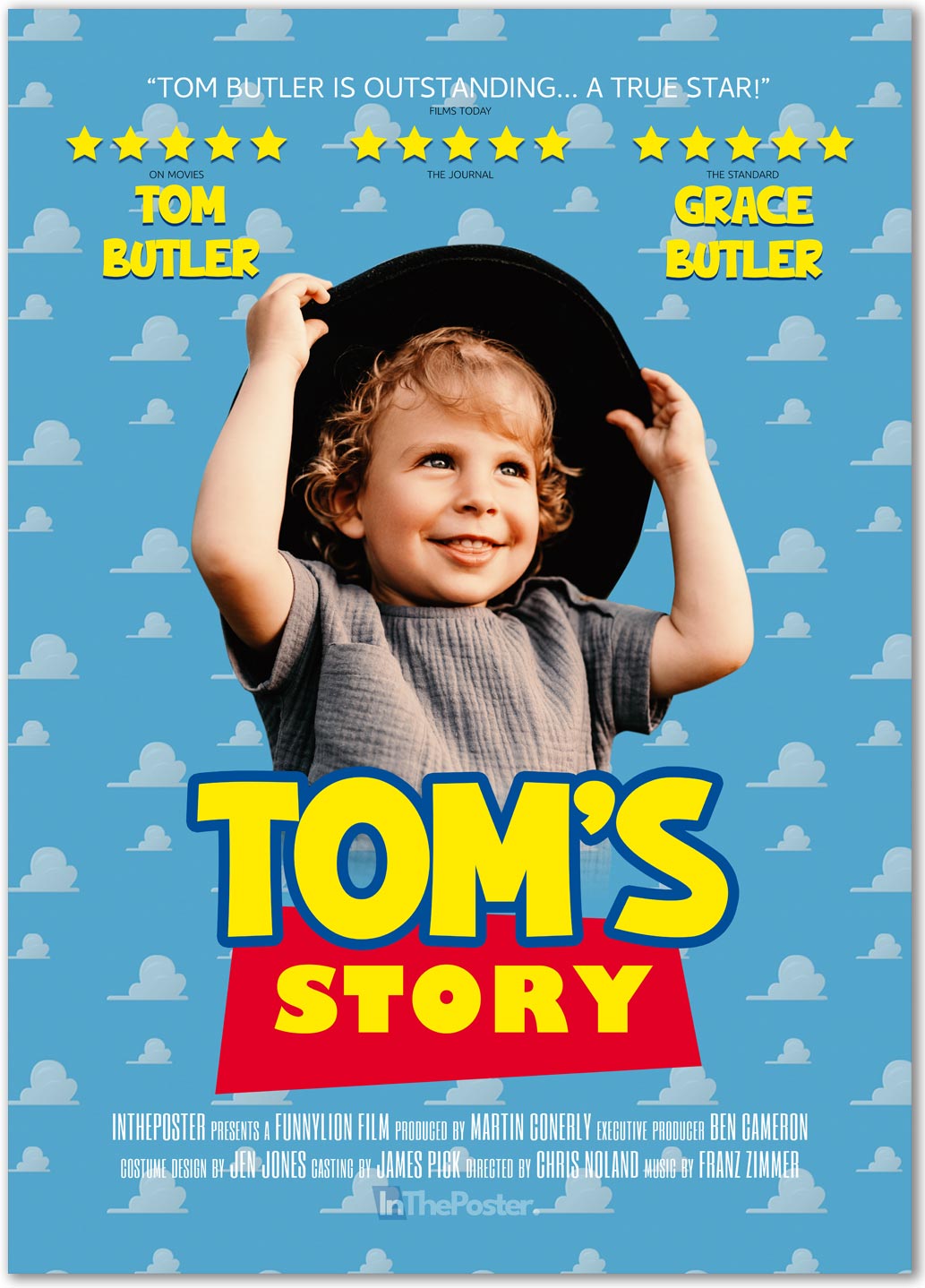 Classic Animated Film Inspired Movie Poster with blue clouds and a happy body wearing a cowboy hat. Yellow text saying 'Tom's Story'.
