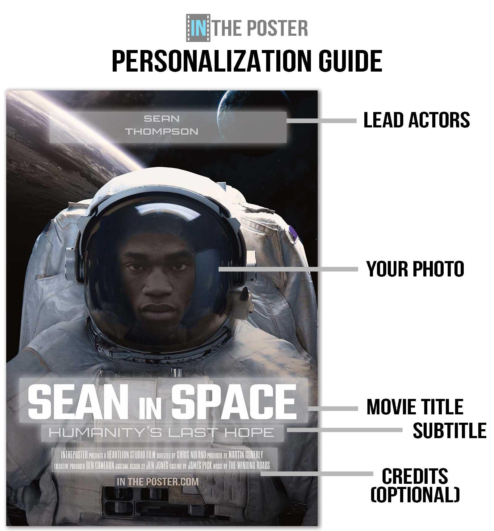 A guide on how to personalize this sci fi movie poster design with your own photo name and credits