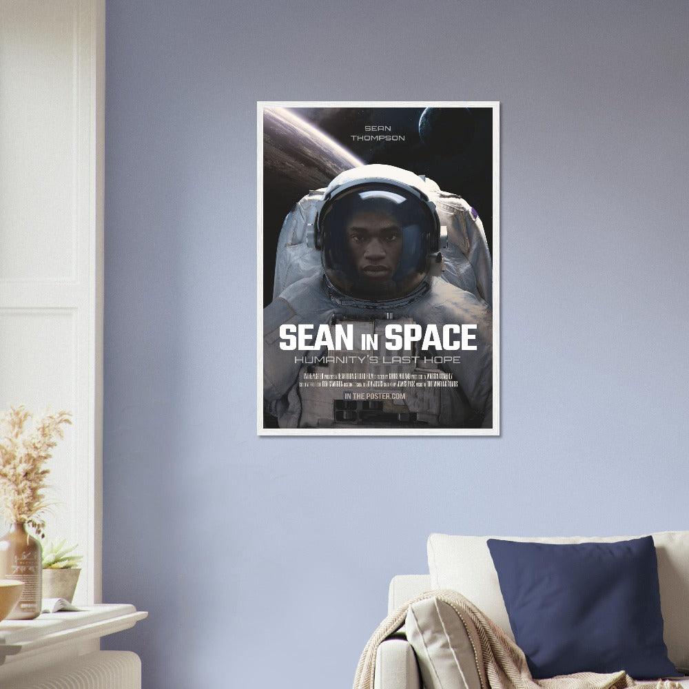 An astronaut sci-fi movie poster design in a regular white frame on a blue wall above a designer sofa