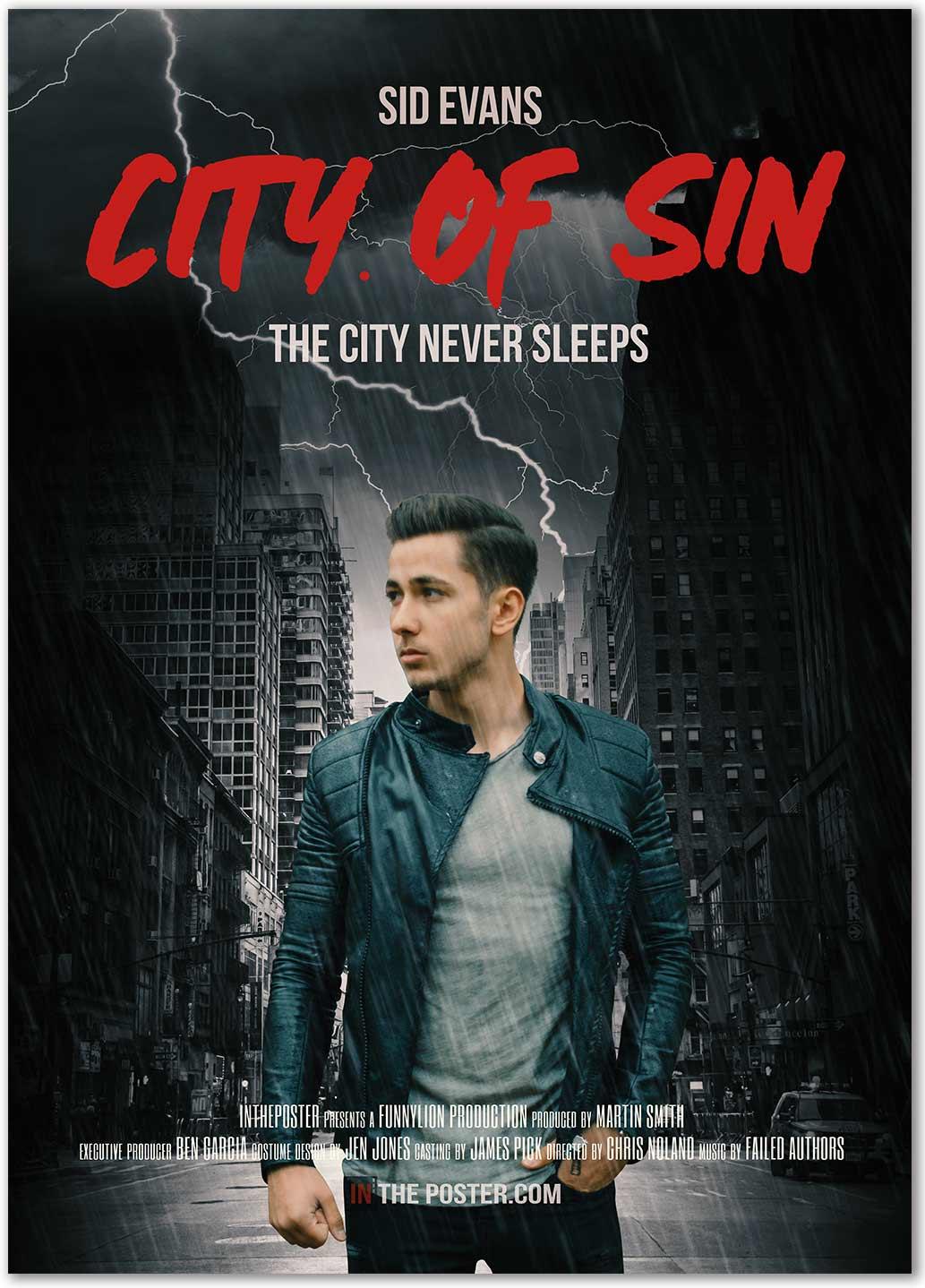 A film noir movie poster of a man in a city at night with lightning and rain