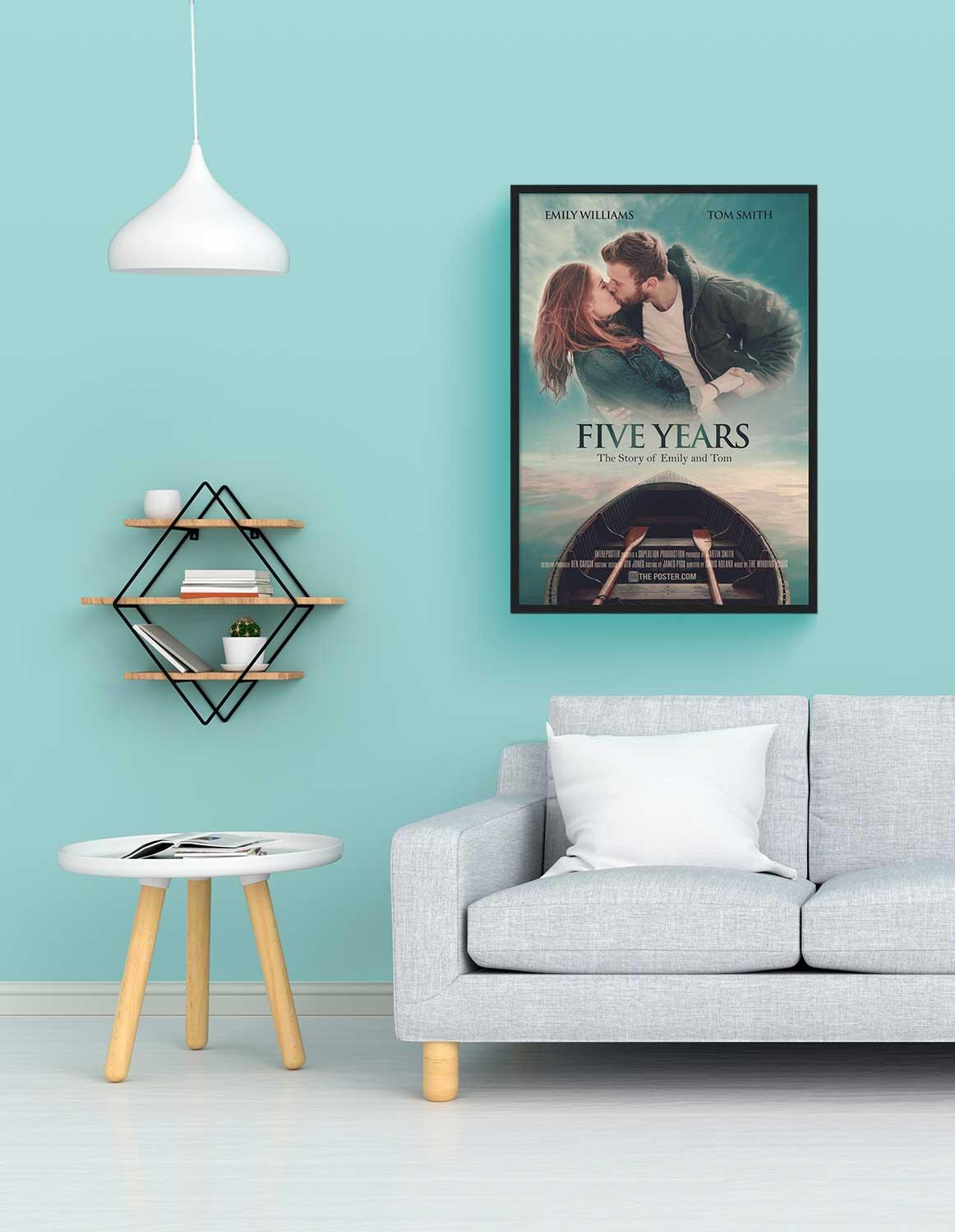Five Years personalized movie poster, regular size, with a black frame on a wall