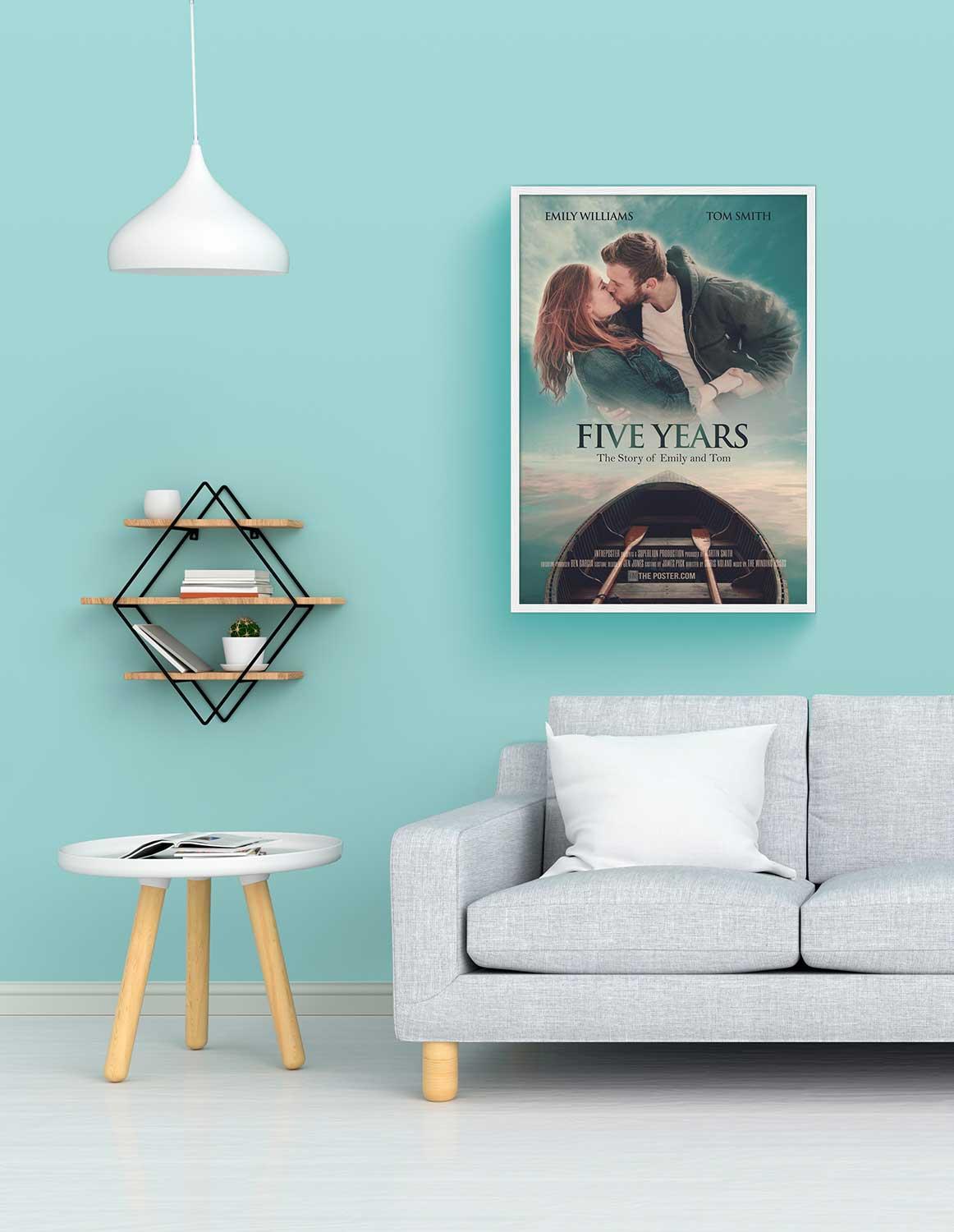 Five Years personalized movie poster, regular size, with a white frame on a wall