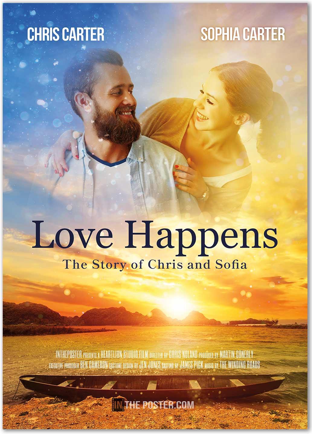 Romantic love happens movie poster with a smiling couple against a sunset sky with a boat