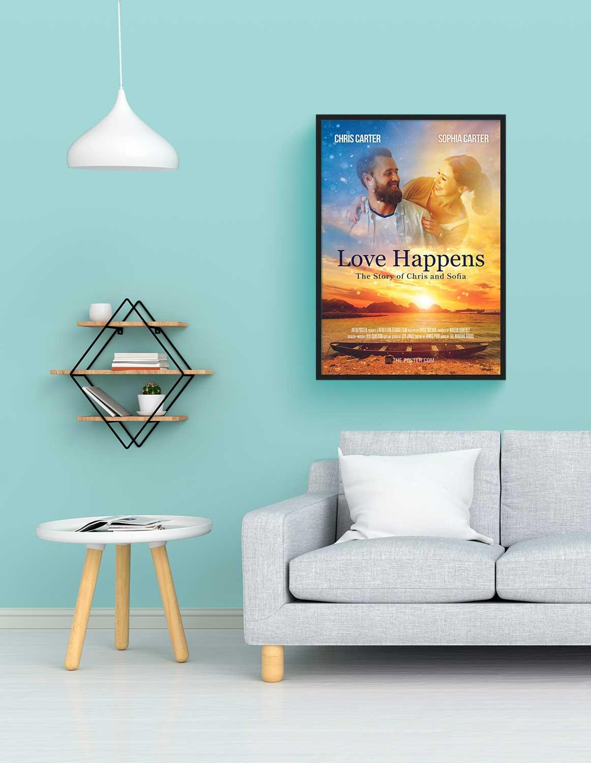 A romantic movie poster in a regular size black frame above a grey sofa