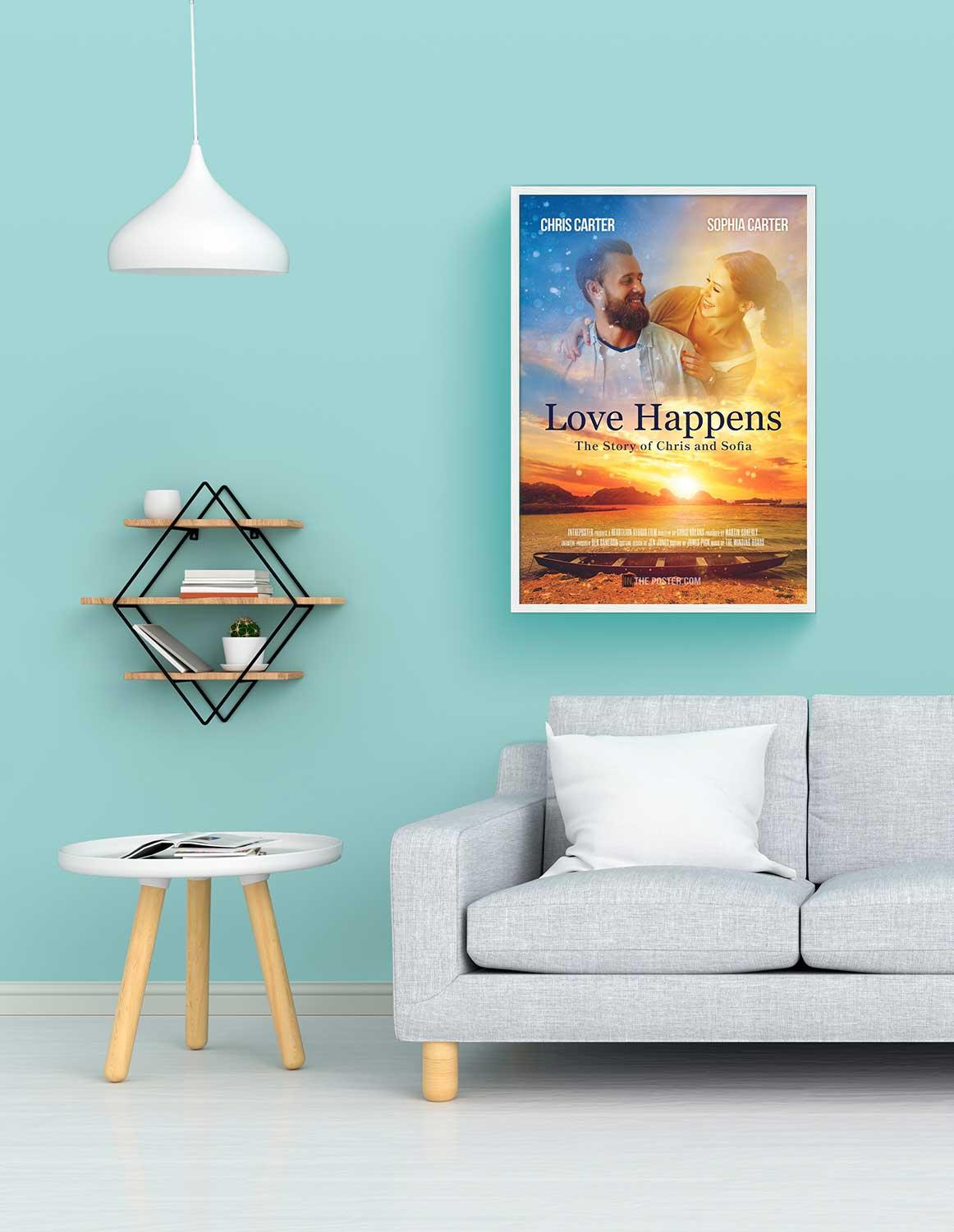 A romantic movie poster in a regular size white frame above a grey sofa