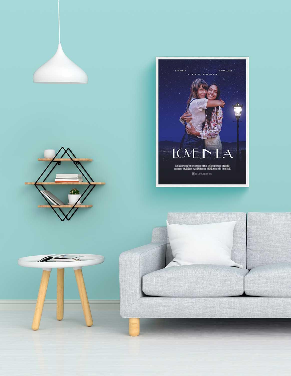 Love In LA romantic movie poster in a white frame, on the wall above a grey sofa