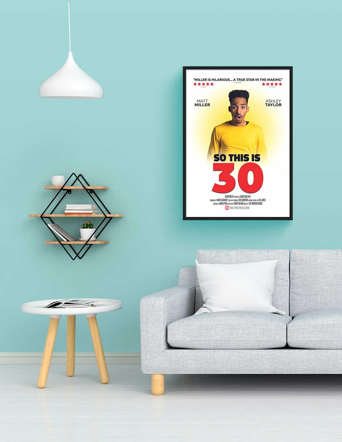 So This is 30 personalized movie poster, regular size, with a black frame on a wall