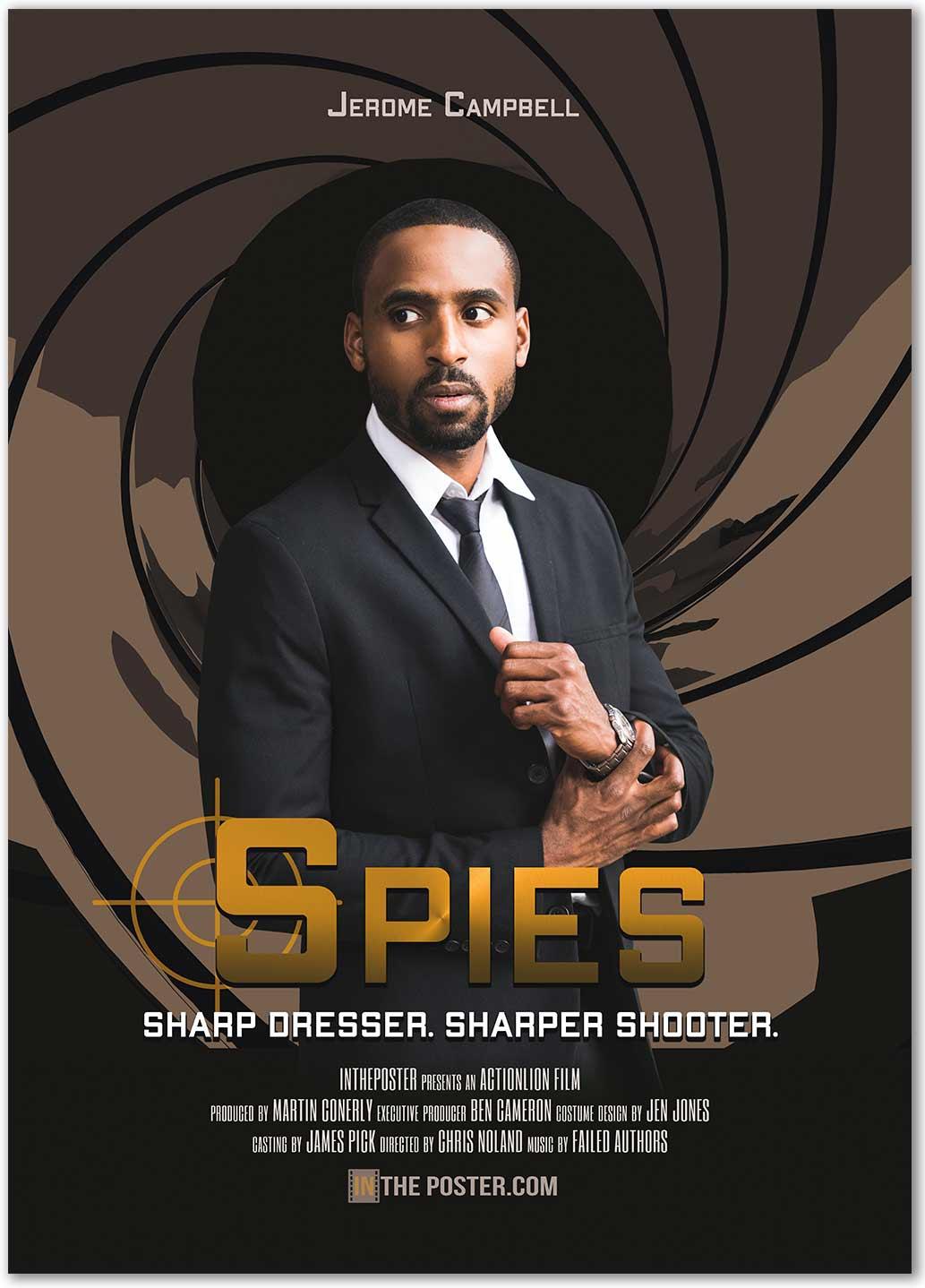 A movie poster with a spy checking his suit and looking cool, down the barrel of a gun