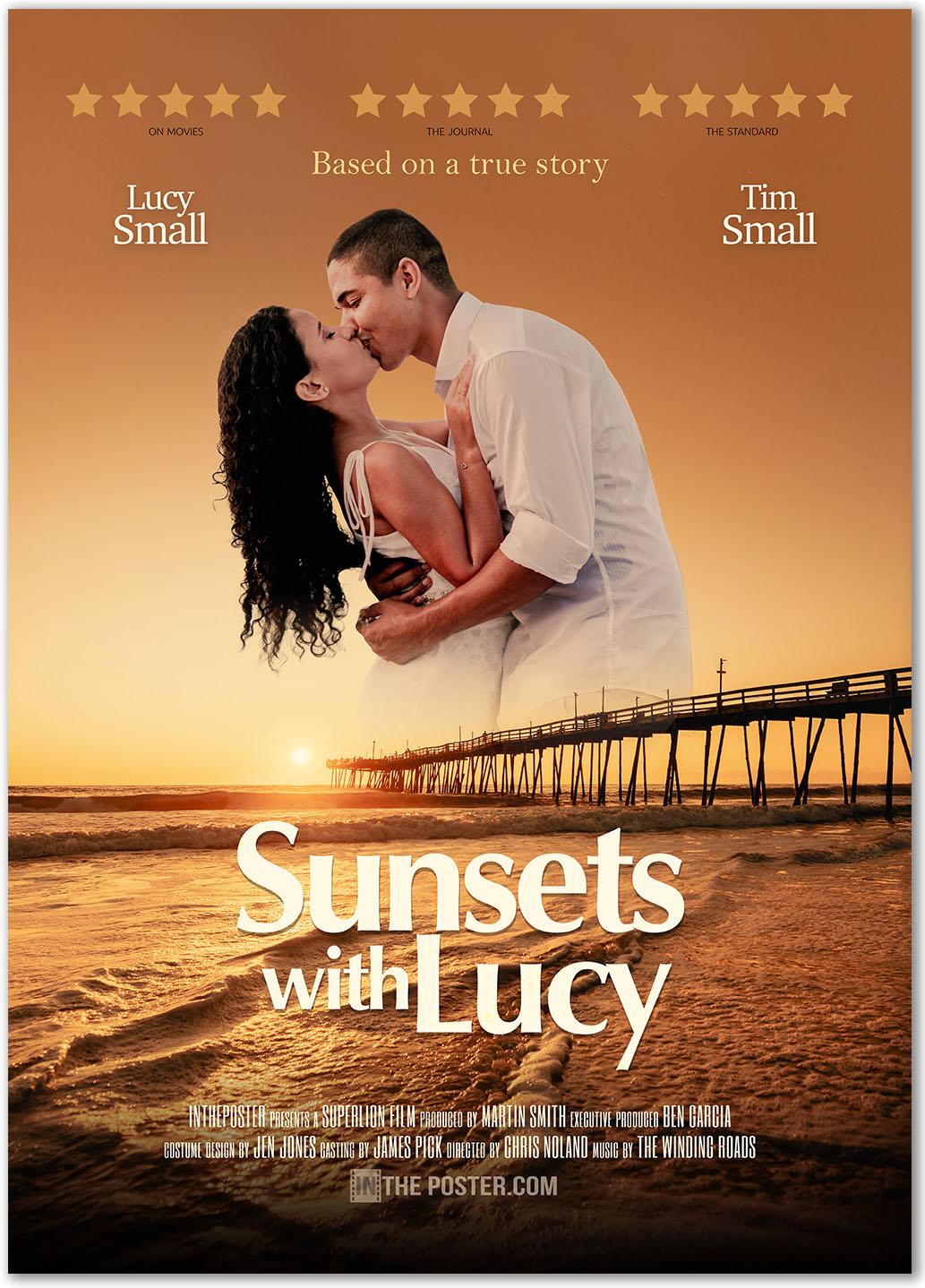 A film poster featuring a pier at sunset with waves and a golden background with a couple dressed in white kissing