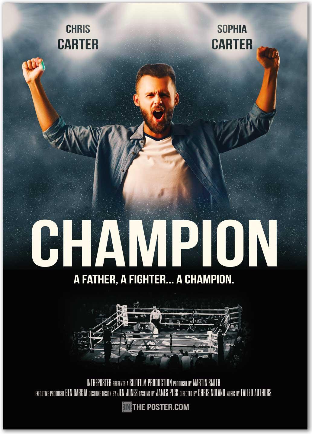 Boxing movie poster with a boxing ring and a man celebrating victory with his hands raised.