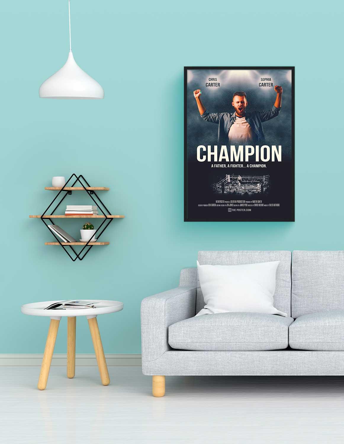 The Boxer personalized movie poster, regular size, with a black frame on a wall