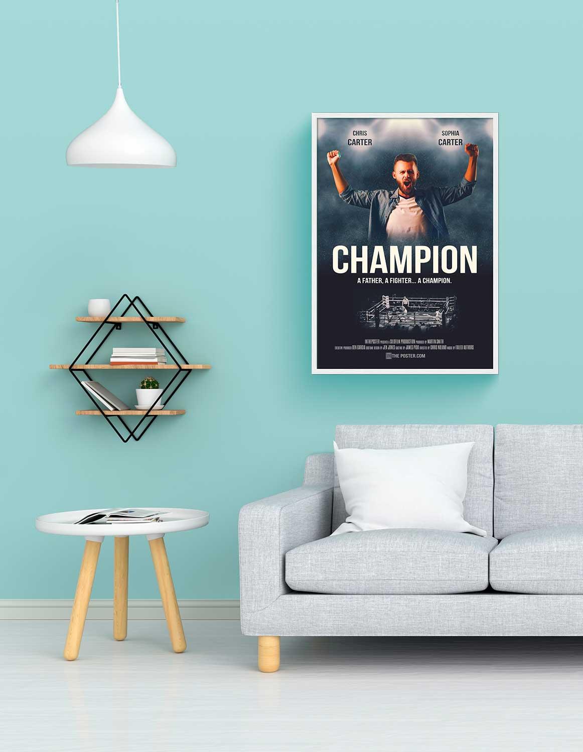 The Boxer personalized movie poster, regular size, with a white frame on a wall above a sofa