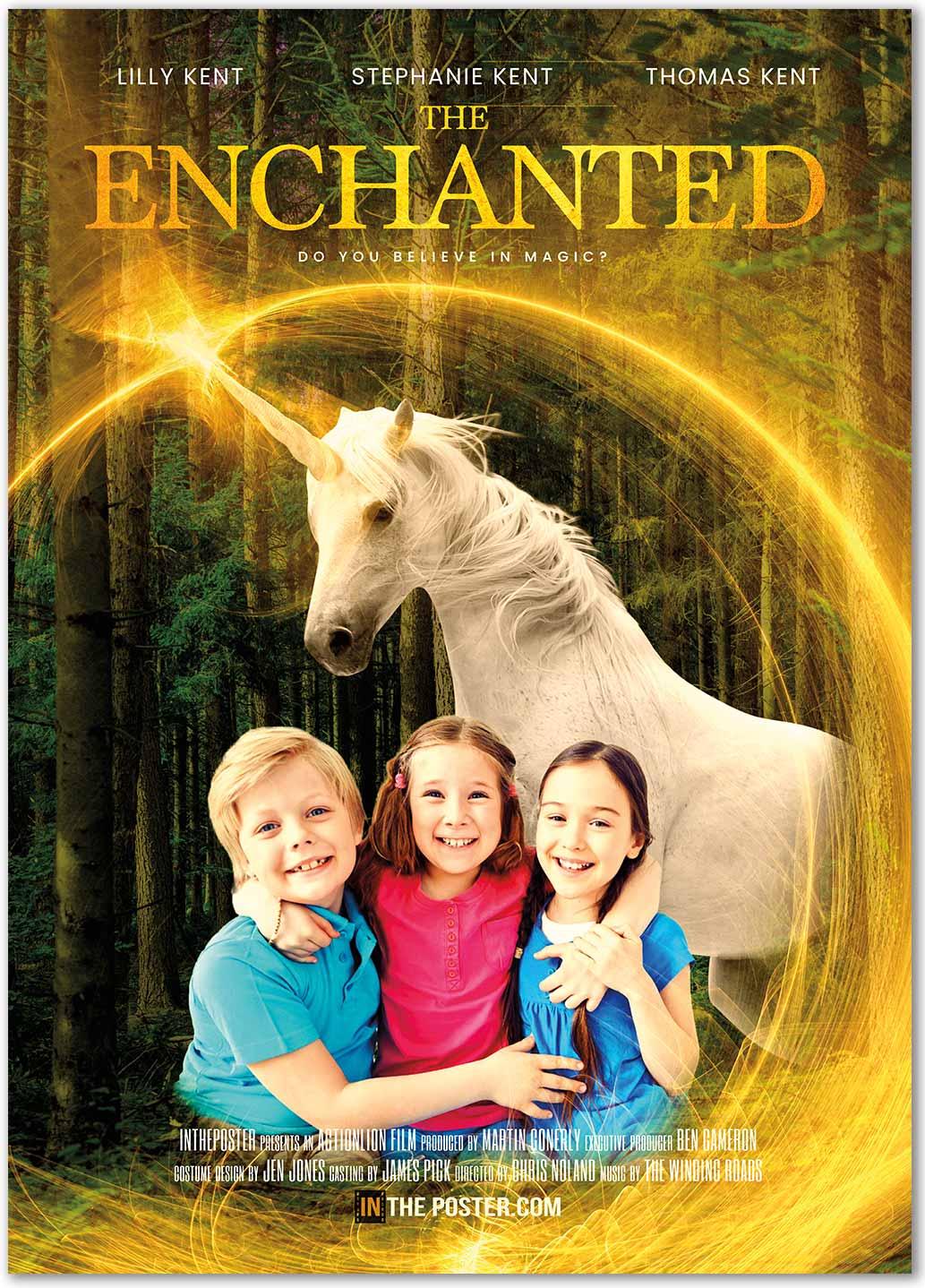 A fantasy movie poster with an enchanted unicorn with a glowing horn and happy children