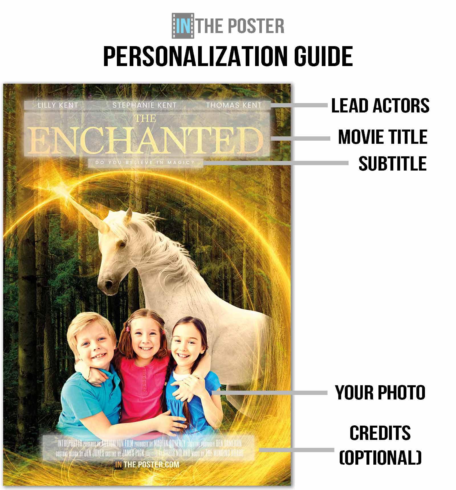 A diagram showing how to personalize the enchanted unicorn movie poster design