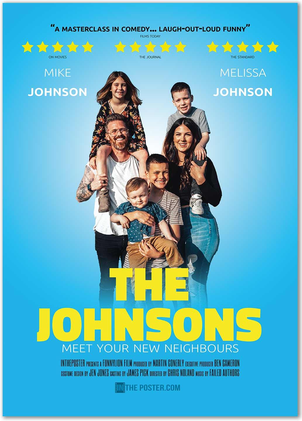 A comedy movie poster with a family photo with kids on their parents shoulders on a blue background
