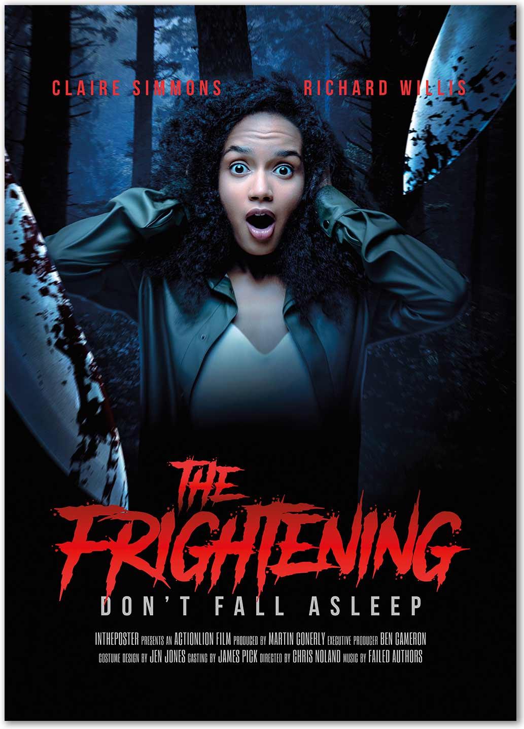 The Frightening - Horror Movie Poster - knives with blood in a scary wood and the caption Don&#39;t Fall Asleep