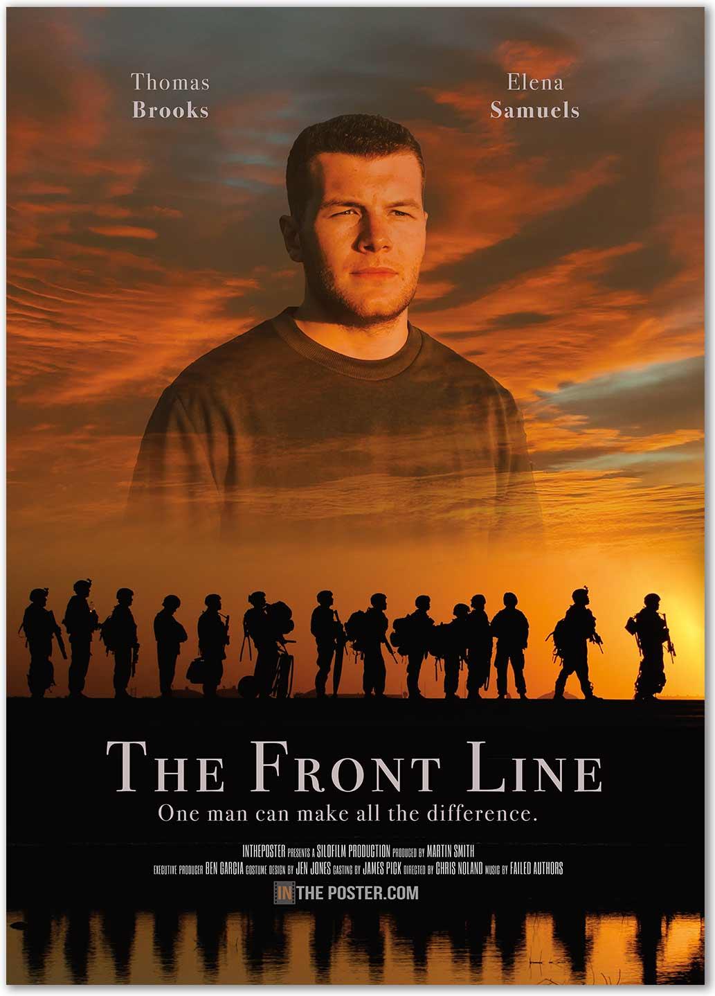 A war movie poster with silhouettes of soldiers with an orange sky and a hero looking into the distance