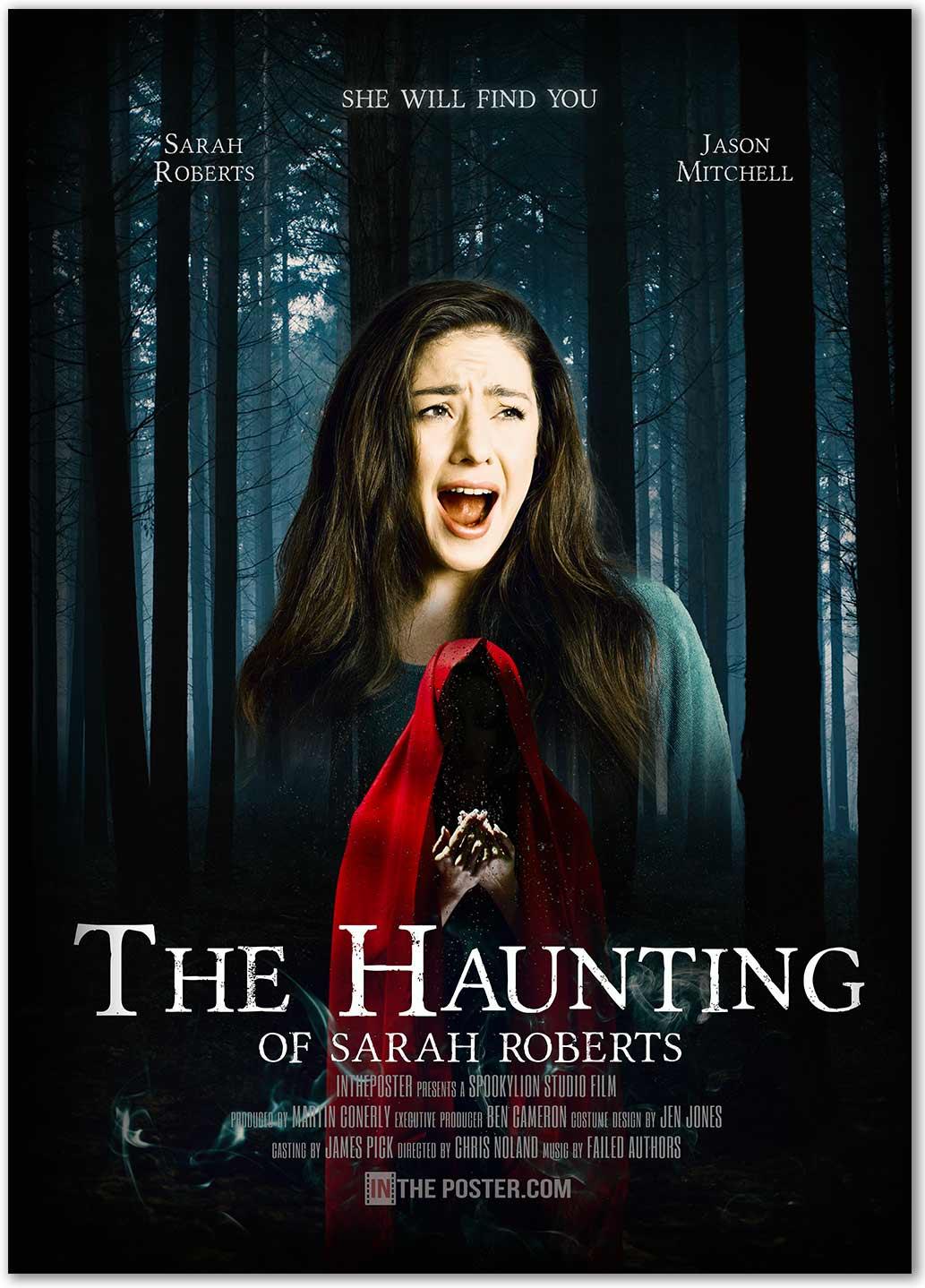The Haunting personalized movie poster with a girl screaming, above a woman in a red cloak with a dark forest in the background.