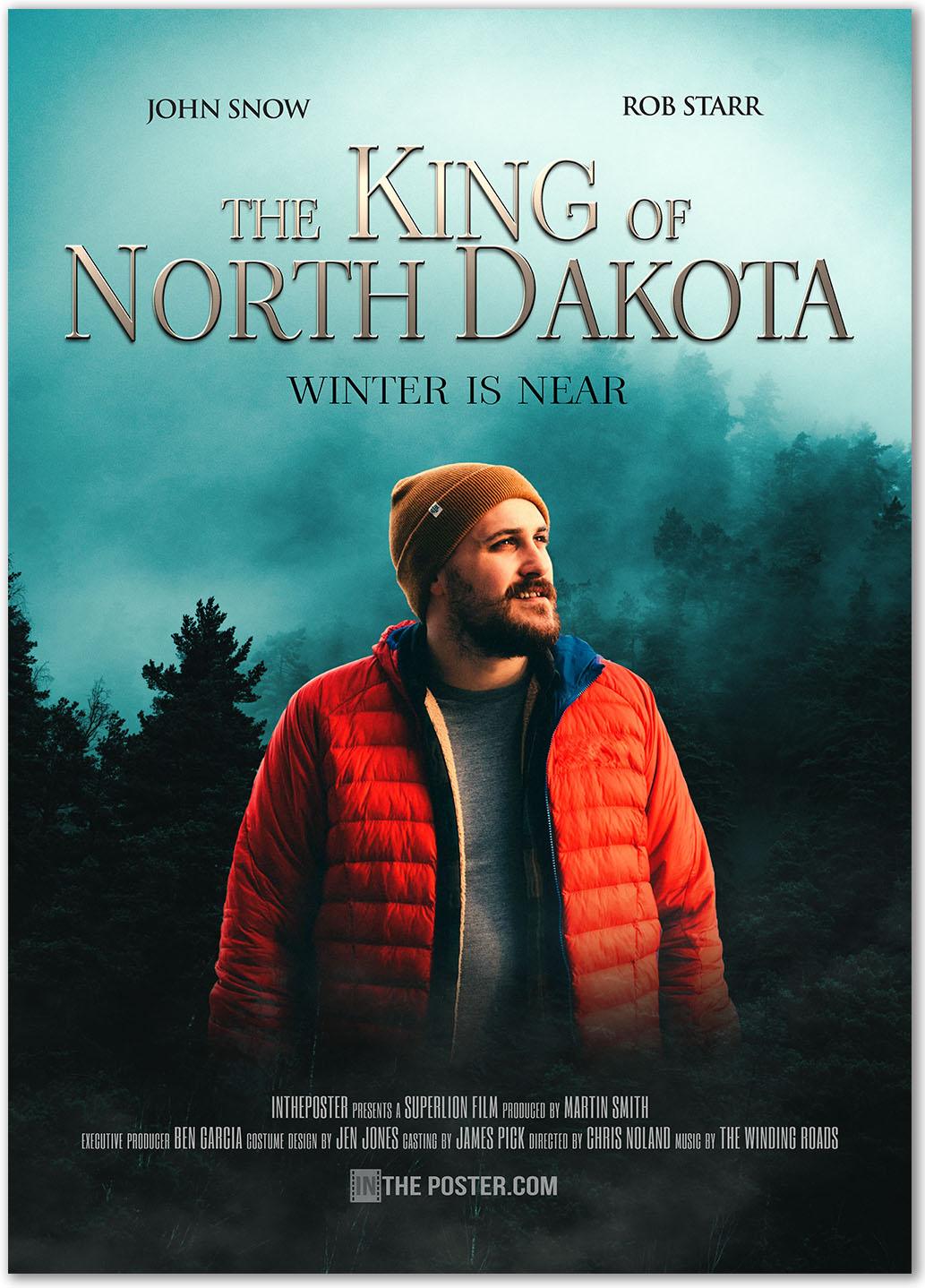 Fantasy Movie Poster design with man in an orange puffer coat and brown hat standing against a forest with mist