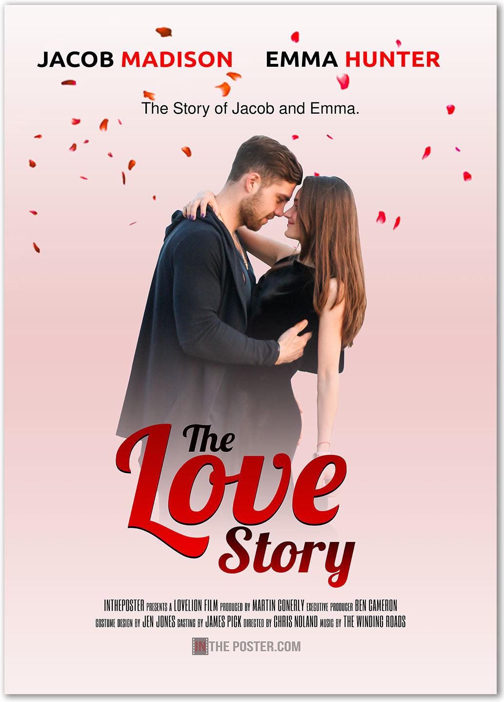 A film poster featuring a romantic couple in an embrace dressed in black, with rose petals falling and their names at the top of their love story poster