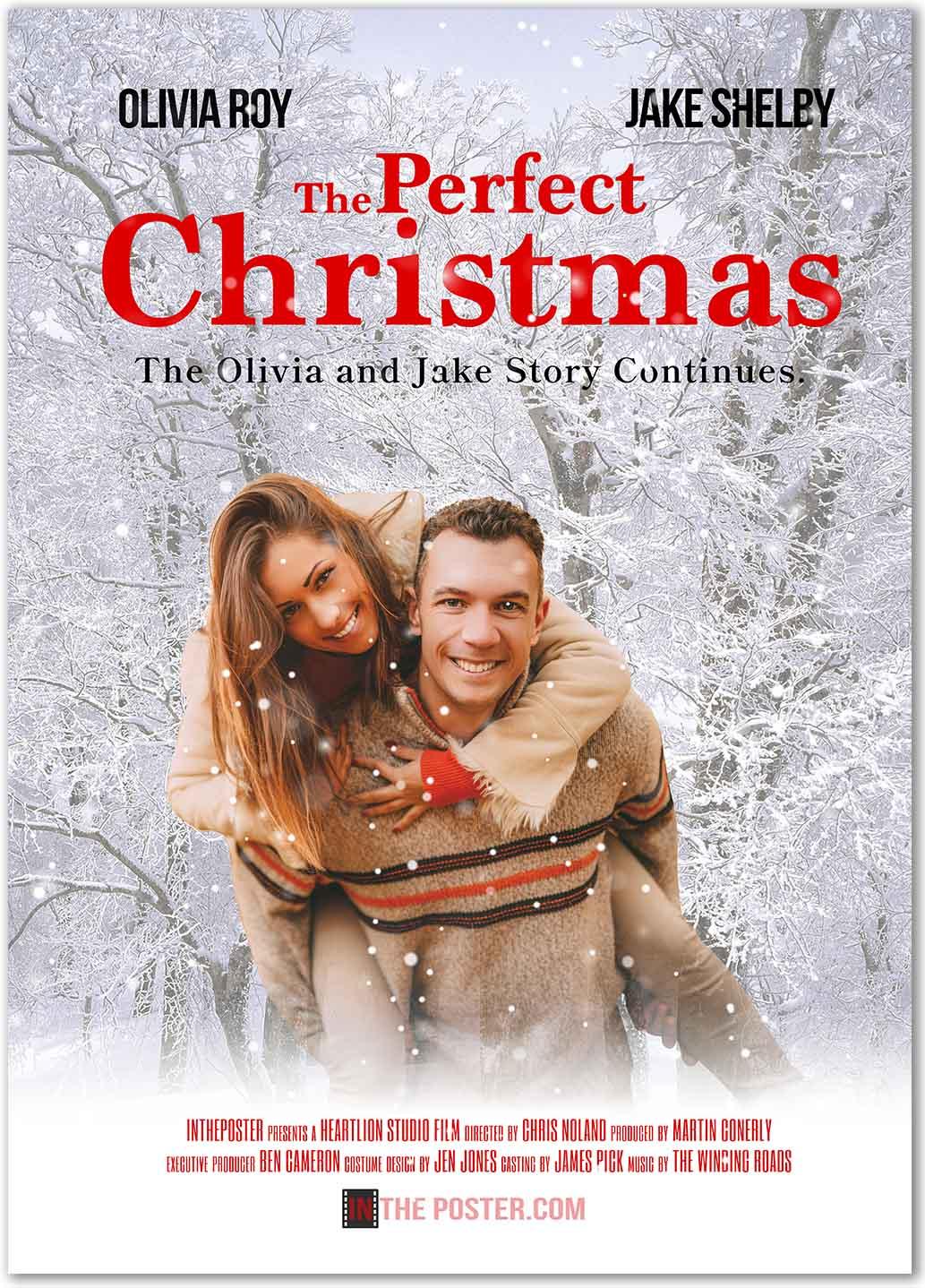 Christmas Custom Movie Poster design featuring a couple standing in the snow with snow covered trees and a bold movie title.