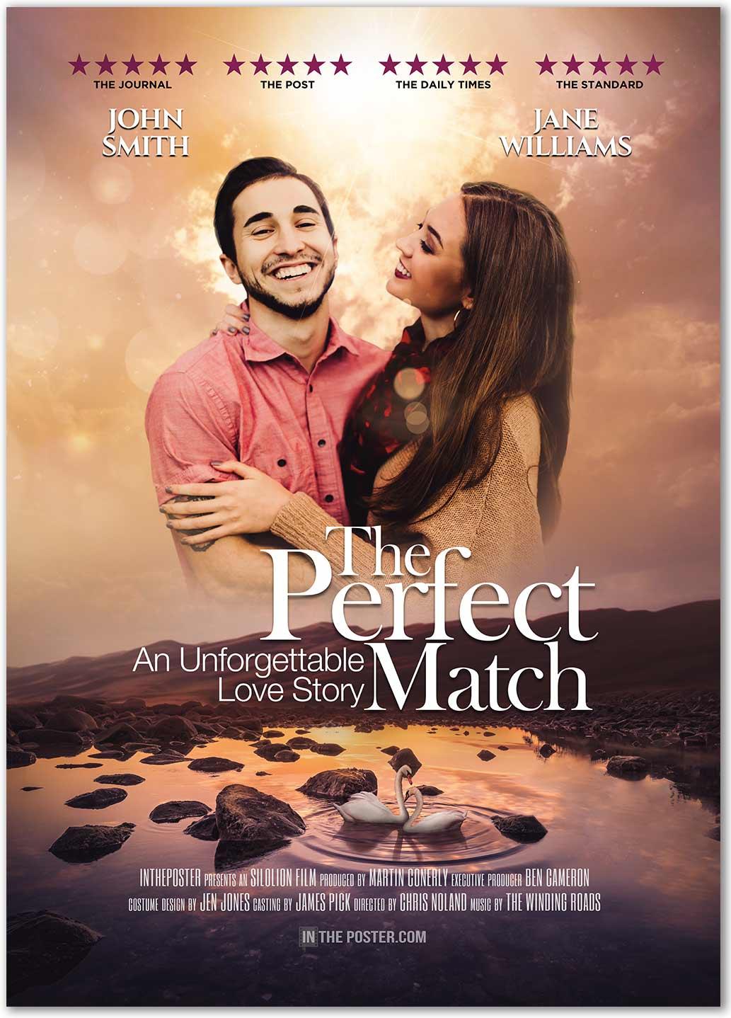 A romantic movie poster design with happy smiling couple above rolling hills and a lack with swans and a reflection of the sunrise