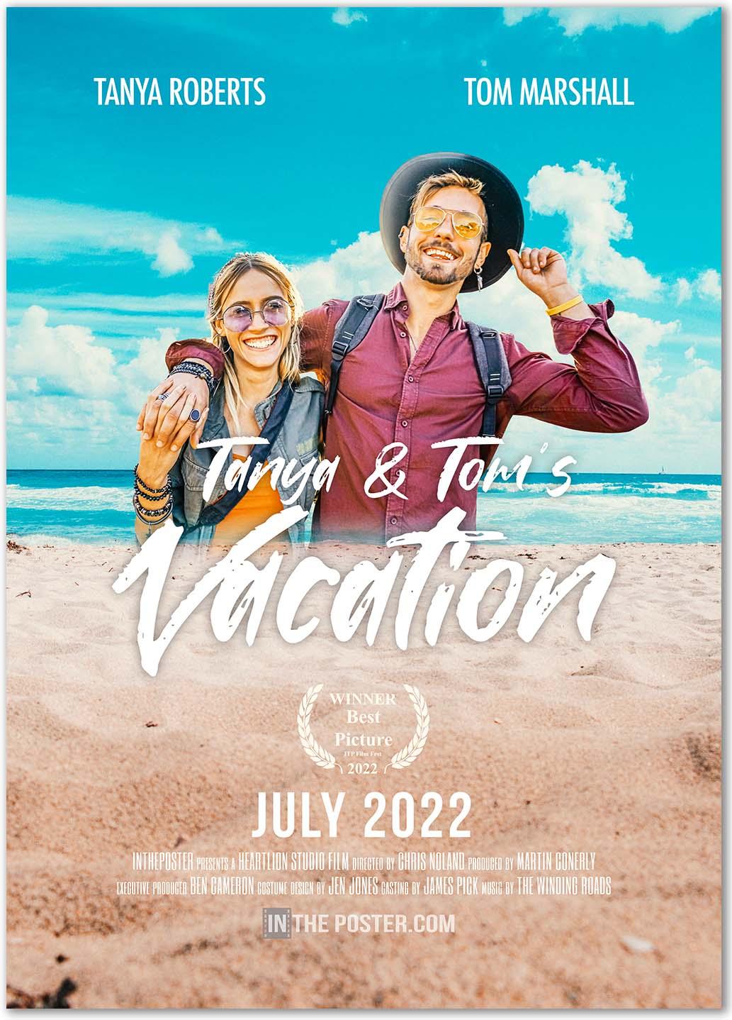 A custom travel movie poster of a young bohemian couple on holiday with bright blue sea and sand