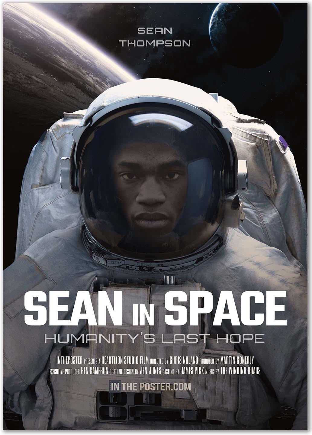 A custom sci-fi movie poster design with an astronaut floating in space high above a planet, with a space suit featuring a man.